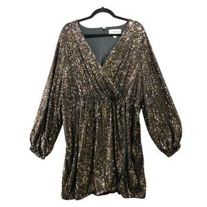 The Drop Helena Sequin Wrap Dress Womens 2X Gold Black Long Sleeve Mini V-Neck